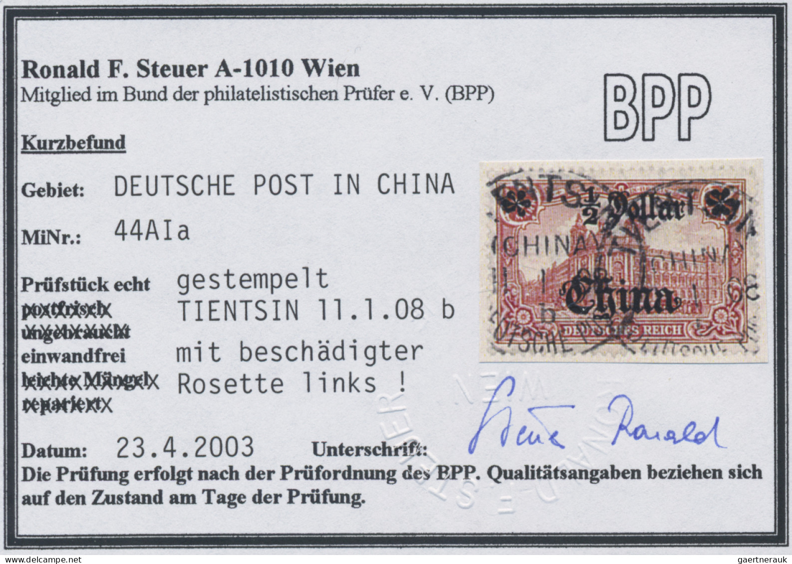 Deutsche Post In China: 1908, ½ Dollar Auf 1 M, Entwertet "TIENTSIN DEUTSCHE POS - Deutsche Post In China