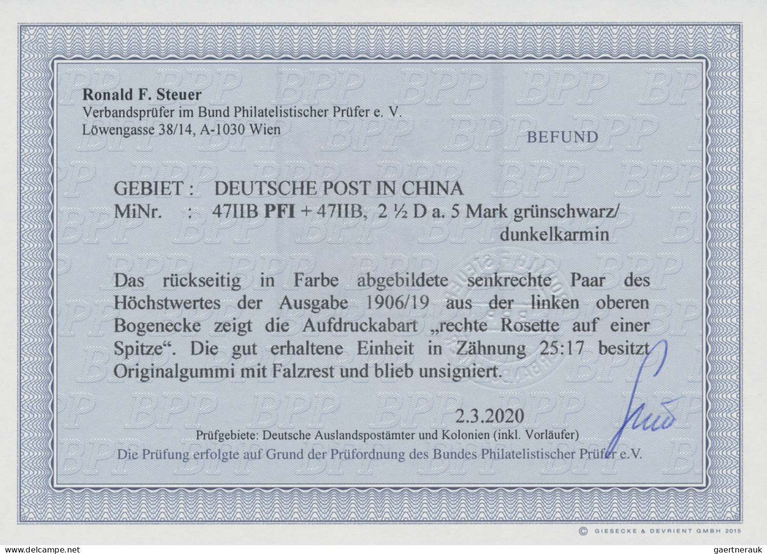 Deutsche Post In China: 1919, 2½ Dollar Auf 5 M Grünschwarz/ Dunkelkarmin Mit Zä - Deutsche Post In China