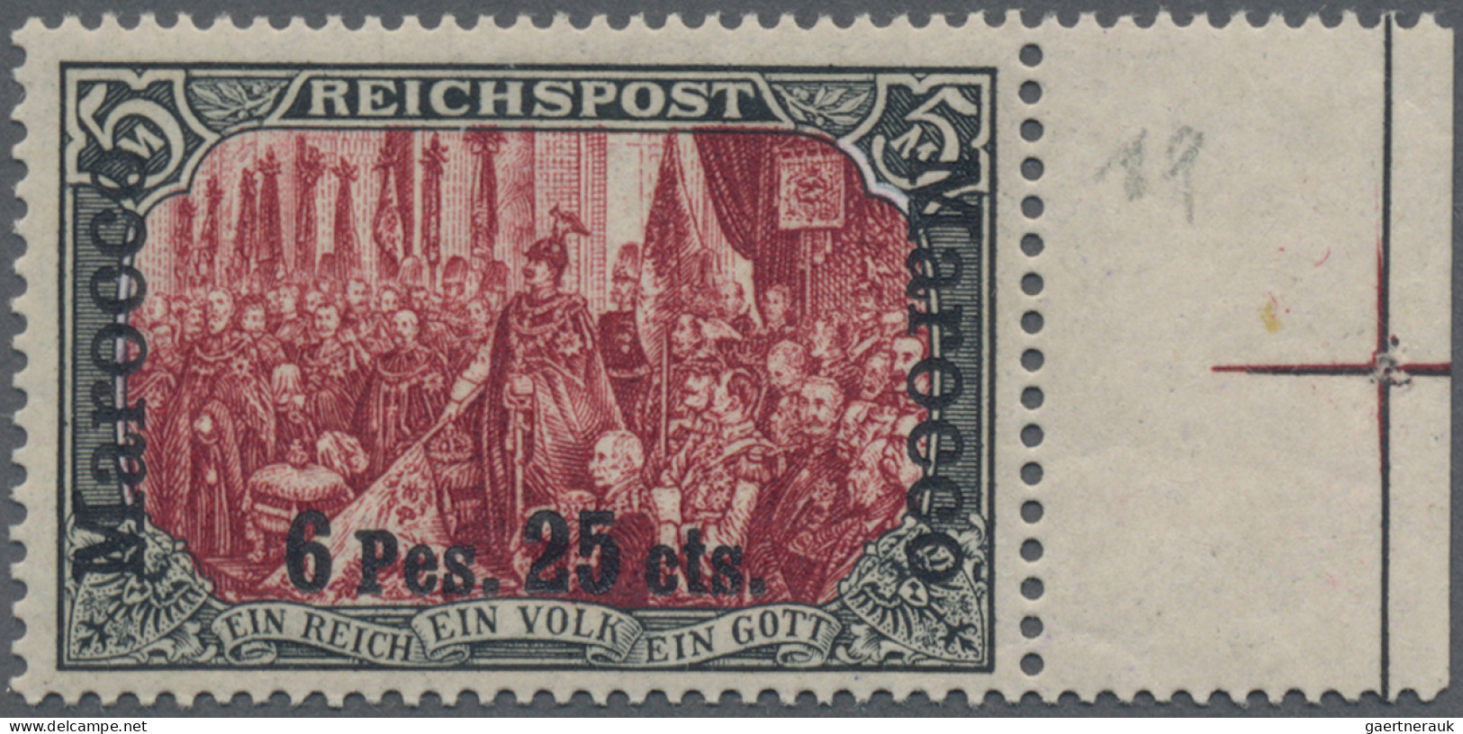 Deutsche Post In Marokko: 1900, 6 P 25 C Auf 5 Mark, Sog. Dünner Aufdruck, Type - Maroc (bureaux)