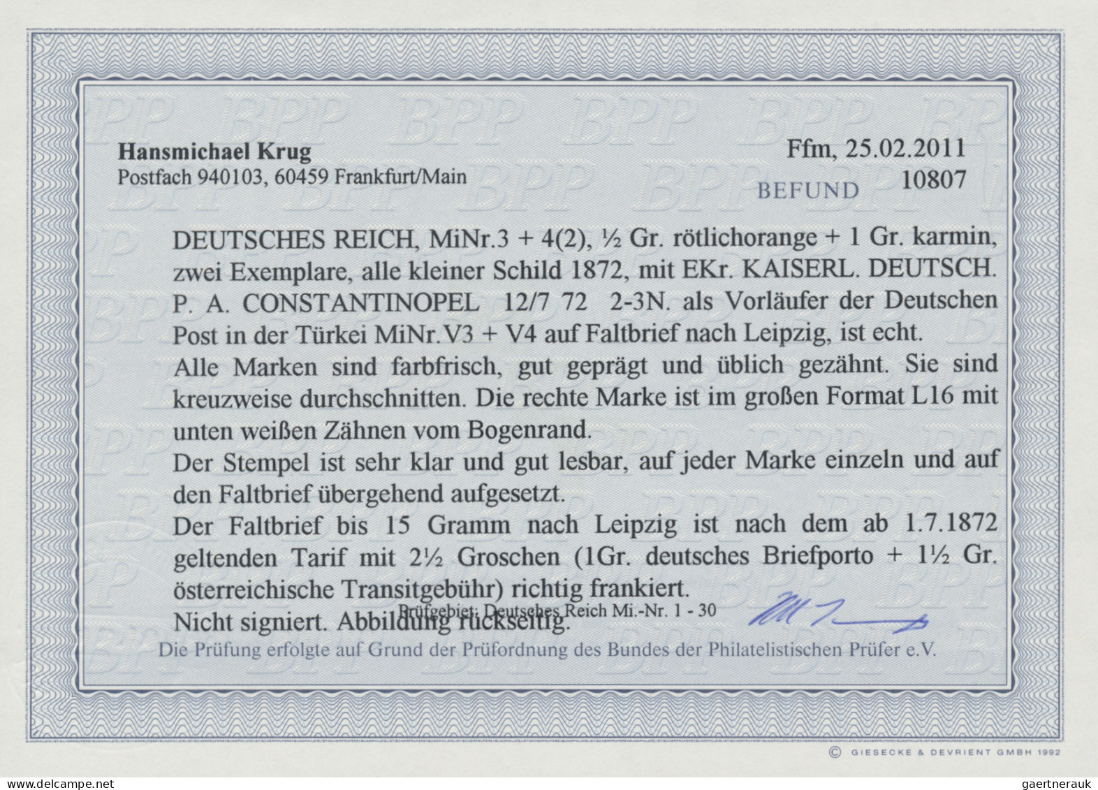 Deutsche Post In Der Türkei - Vorläufer: BRUSTSCHILD, ½ Gr. Und 1 Gr., Zwei Exem - Turkey (offices)