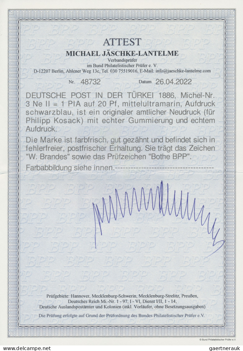 Deutsche Post In Der Türkei: 1886, 1 Pia Schwarzblau Auf 20 Pfg Mittelultramarin - Deutsche Post In Der Türkei