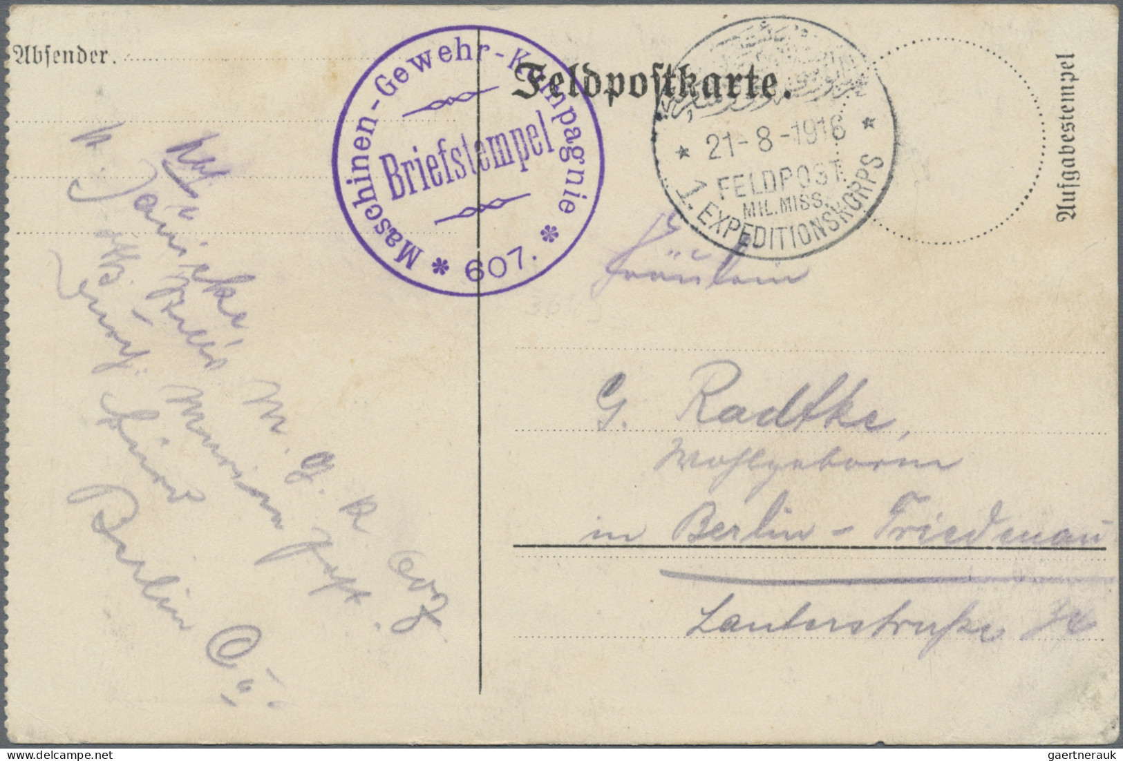 Militärmission: 1916 /21.8.), MIL.MISS.1.EXPEDITIONSKORPS Auf FP-Karte Aus "Ägyp - Deutsche Post In Der Türkei