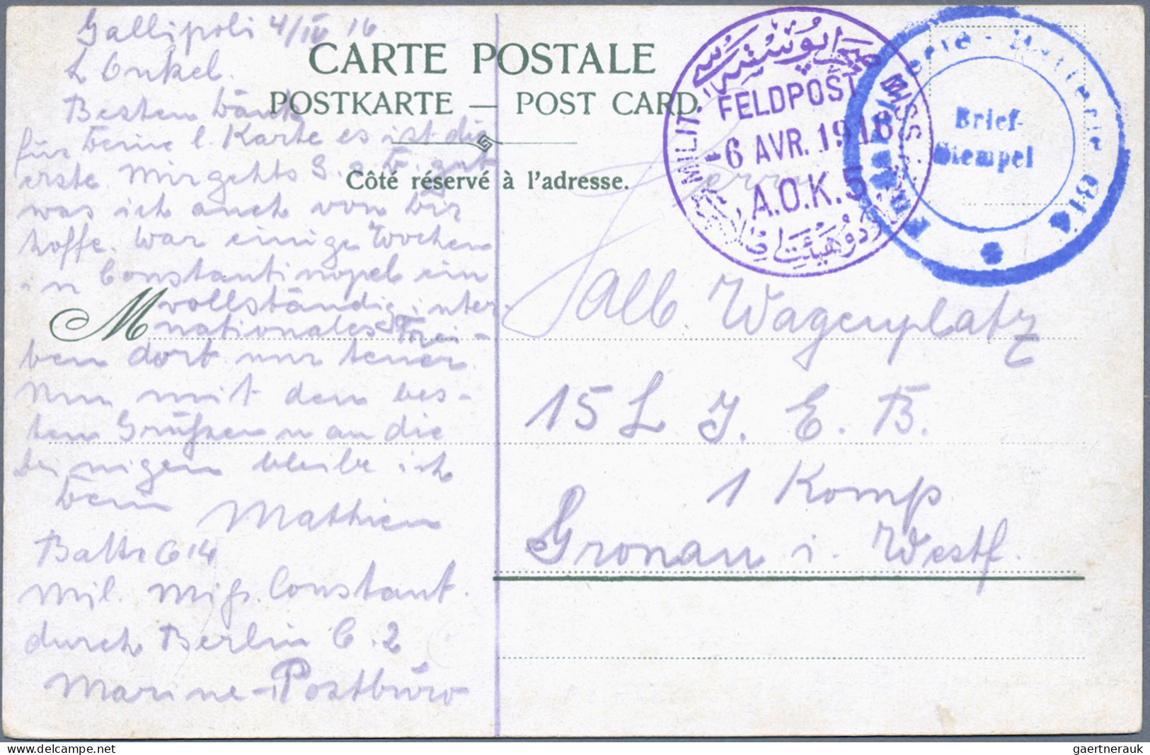Militärmission: 1916 (6.4.), "MILIT.MISS. A.O.K. 5" Provisorischer Violetter Fel - Deutsche Post In Der Türkei