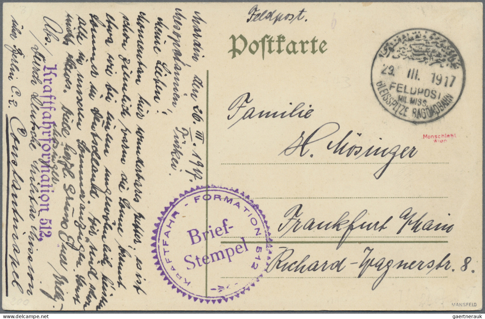 Militärmission: 1917 (29.3.), MIL.MISS.GLEISSPITZE BAGDABAHN Auf FP-AK Mit Brief - Turquie (bureaux)