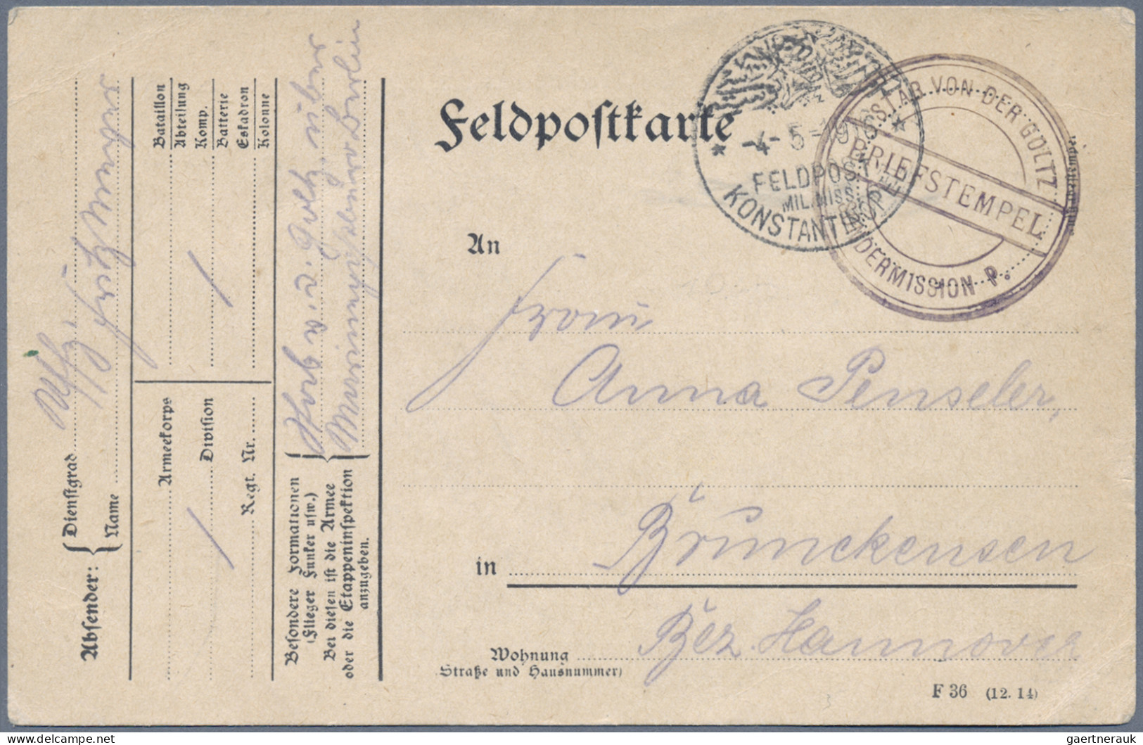 Militärmission: 1916 (4.5.), MIL.MISS. KONSTANTINOPEL Auf FP-Karte Mit Briefstem - Turchia (uffici)