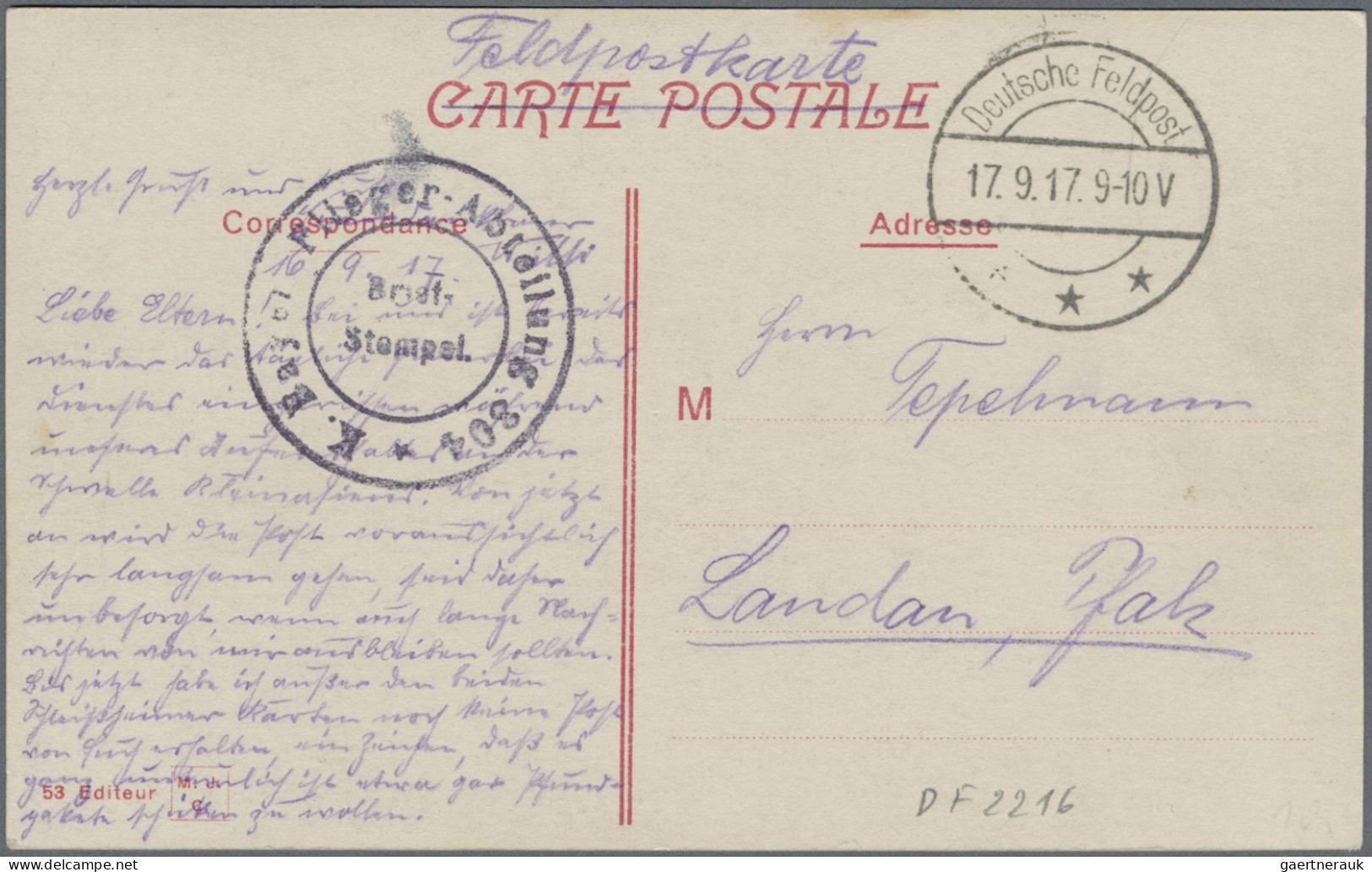 Militärmission: 1917 (17.9.), Tarnstempel "Deutsche Feldpost ***" (DFP 2216) Auf - Turkse Rijk (kantoren)