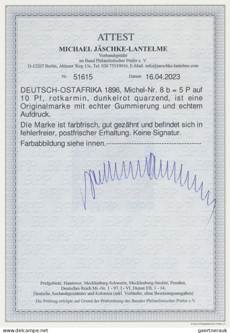 Deutsch-Ostafrika: 1896, 5 P Auf 10 Pf Rotkarmin, Dunkelrot Quarzend, Postfrisch - Afrique Orientale