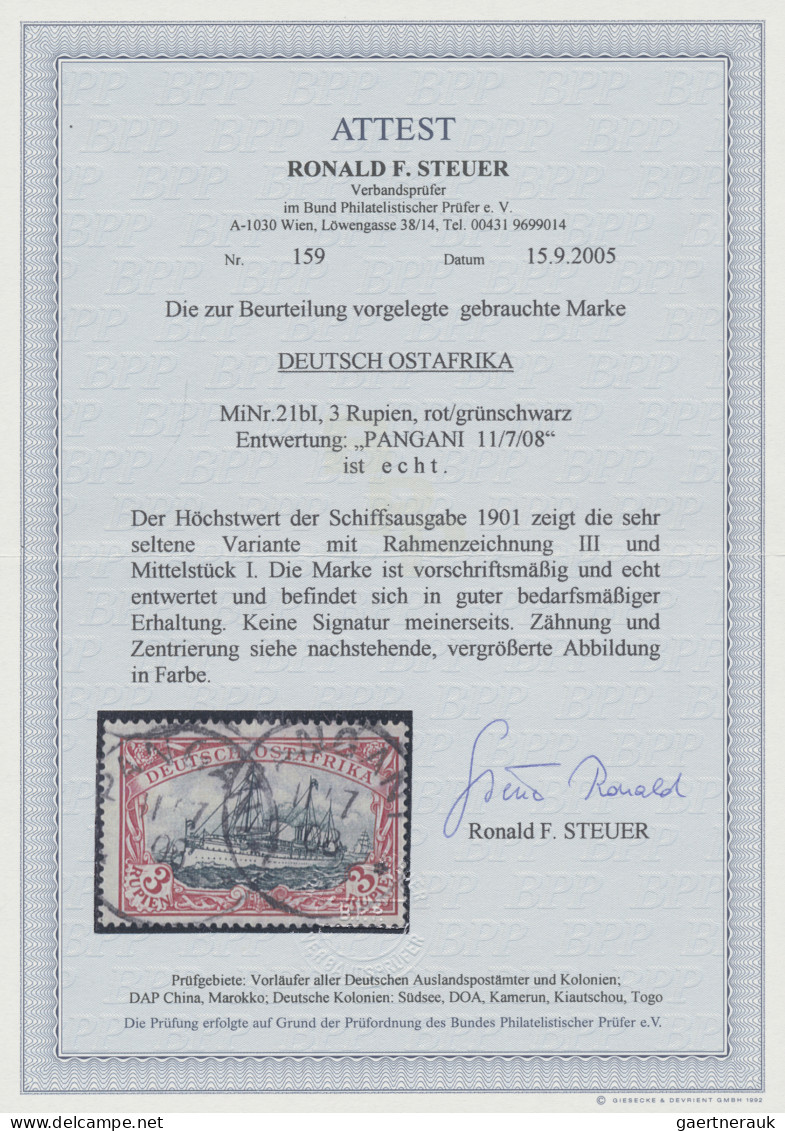 Deutsch-Ostafrika: 1901, 3 Rupien Rot/grünschwarz, Entwertet "PANGANI 11/7/08", - Deutsch-Ostafrika