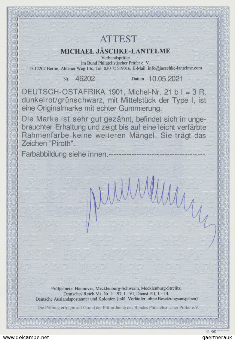 Deutsch-Ostafrika: 1901, 3 R Dunkelrot/ Grünschwarz Mit Mittelstück Der Type I I - Deutsch-Ostafrika