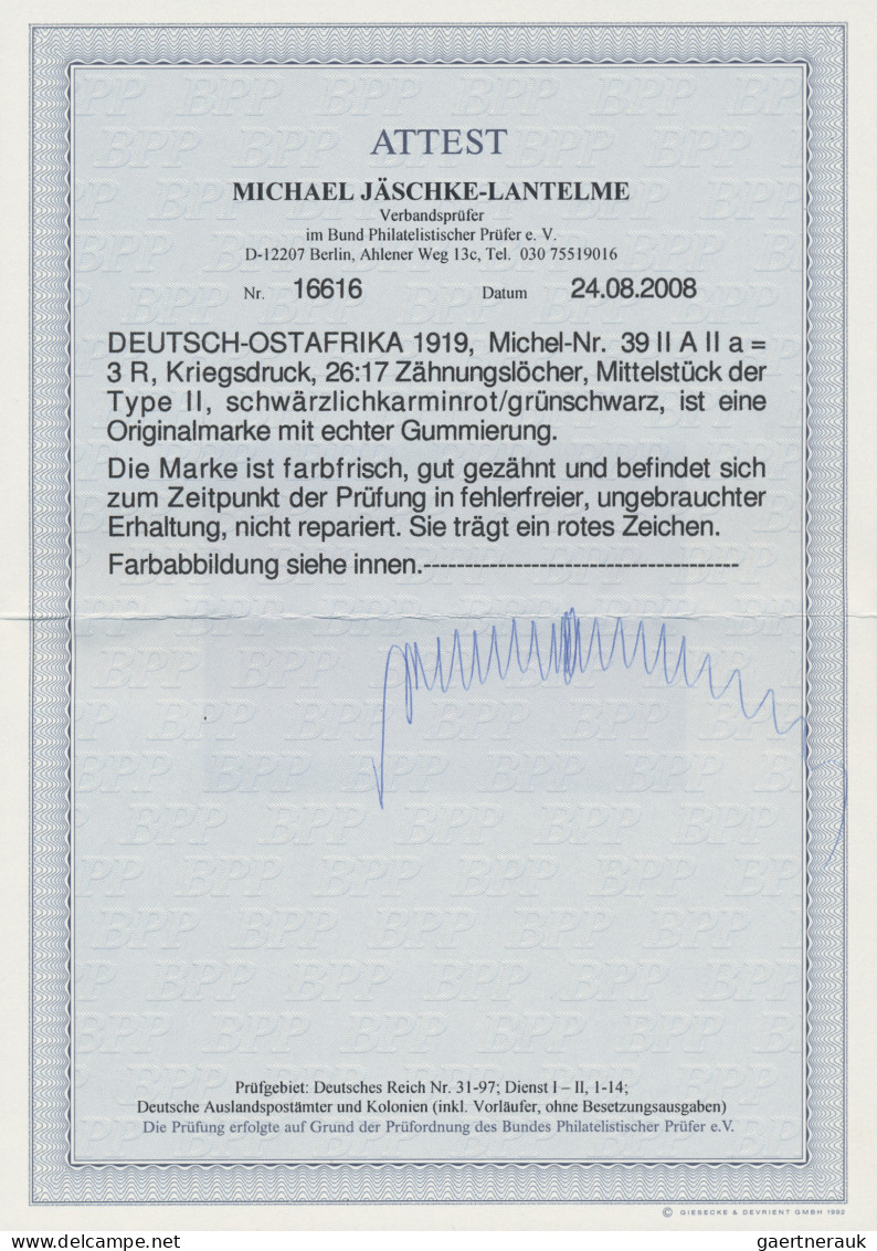 Deutsch-Ostafrika: 1905/20, Schiff Mit Wz., 3 R., Kriegsdruck, Gez. 26:17, Mitte - Deutsch-Ostafrika