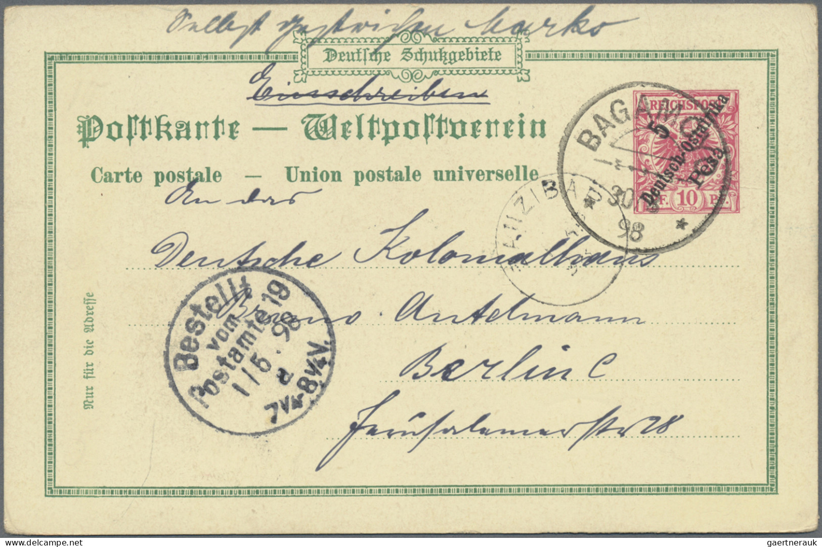 Deutsch-Ostafrika - Ganzsachen: 1898/1899, 5 P. Auf 10 Pfg. Privatganzsachenkart - África Oriental Alemana