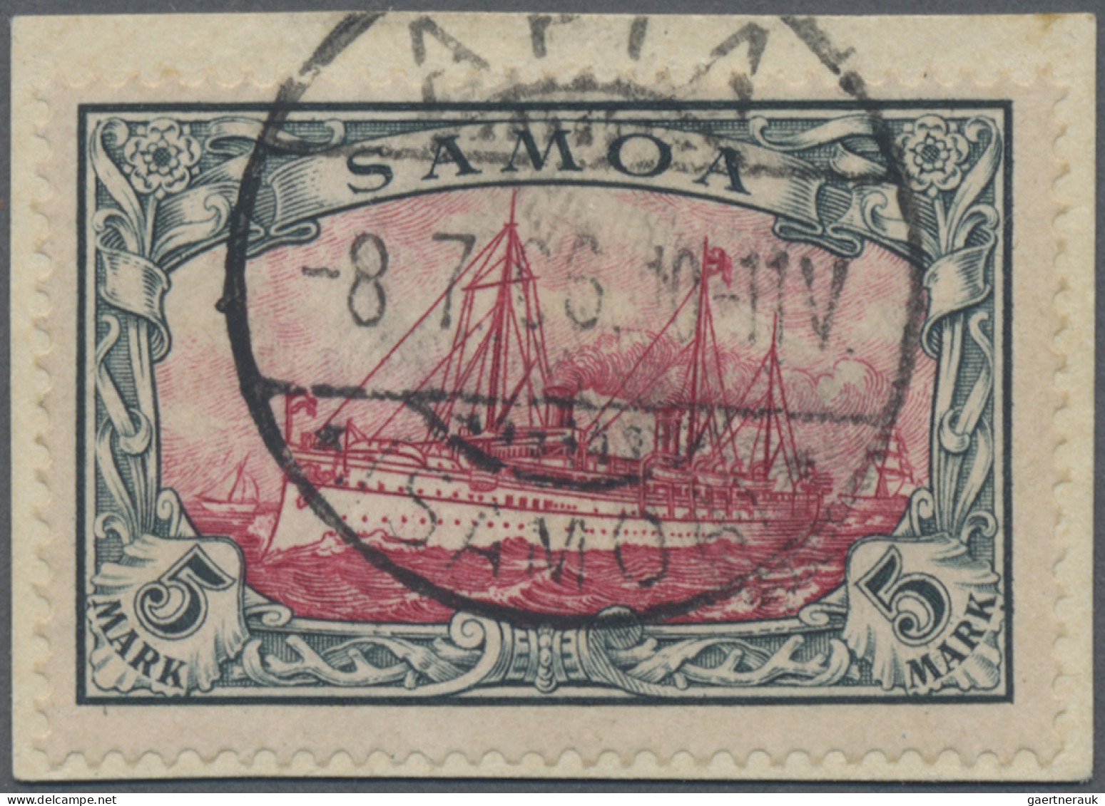 Deutsche Kolonien - Samoa: 1901, 5 M Grünschwarz/bräunlichkarmin, Gebraucht "API - Samoa