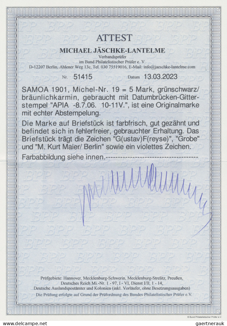 Deutsche Kolonien - Samoa: 1901, 5 M Grünschwarz/bräunlichkarmin, Gebraucht "API - Samoa