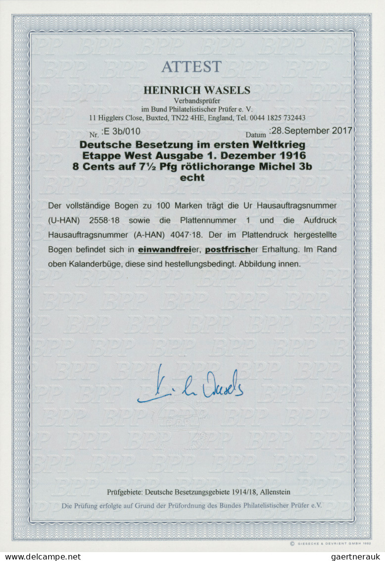 Deutsche Besetzung I. WK: Etappengebiet West: 1916, 8 Cent Auf 7½ Pfg. Rötlichor - Bezetting 1914-18