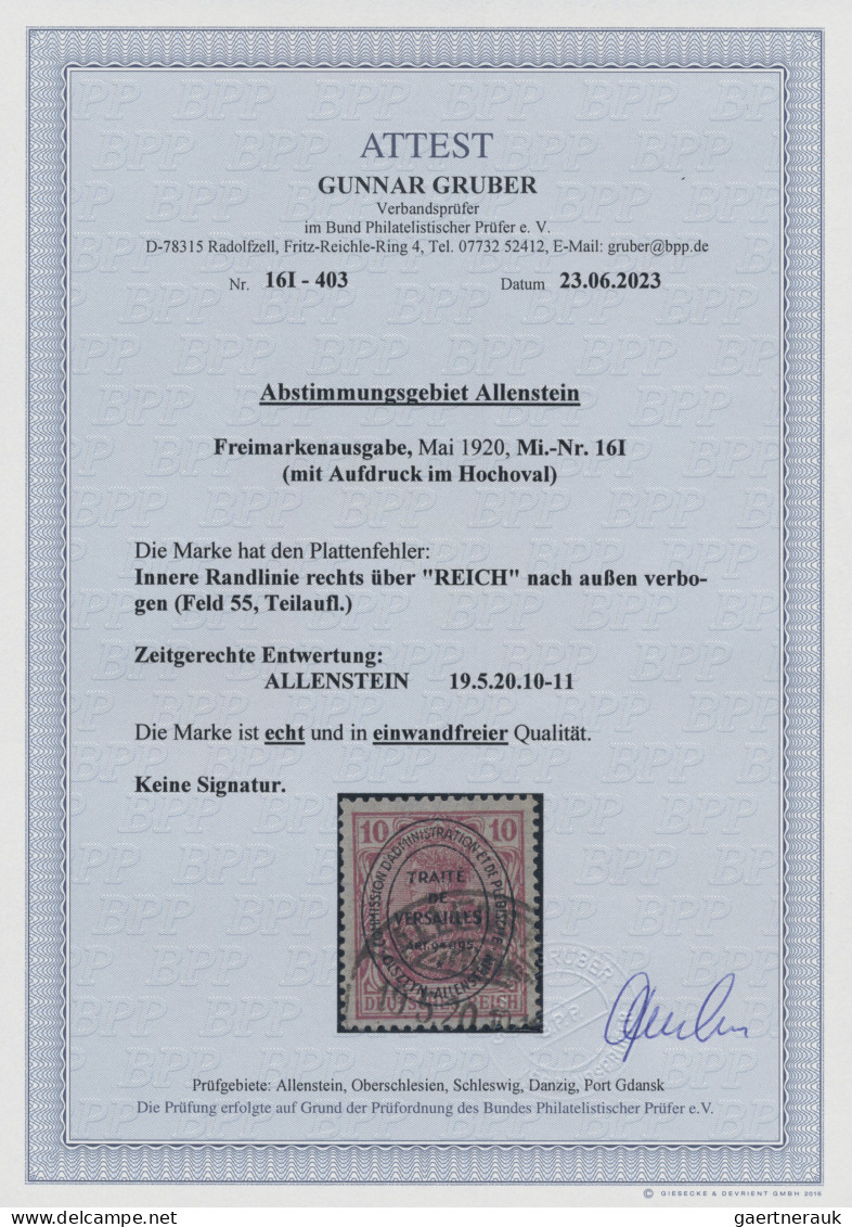 Deutsche Abstimmungsgebiete: Allenstein: 1920 Germania 10 Pf. Mit Ovalem Aufdruc - Otros & Sin Clasificación