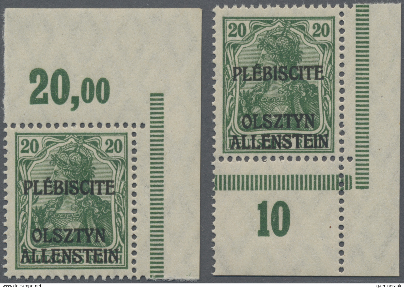 Deutsche Abstimmungsgebiete: Allenstein: 1920, Germania 20 Pfg. Dunkelgrün, Nich - Autres & Non Classés