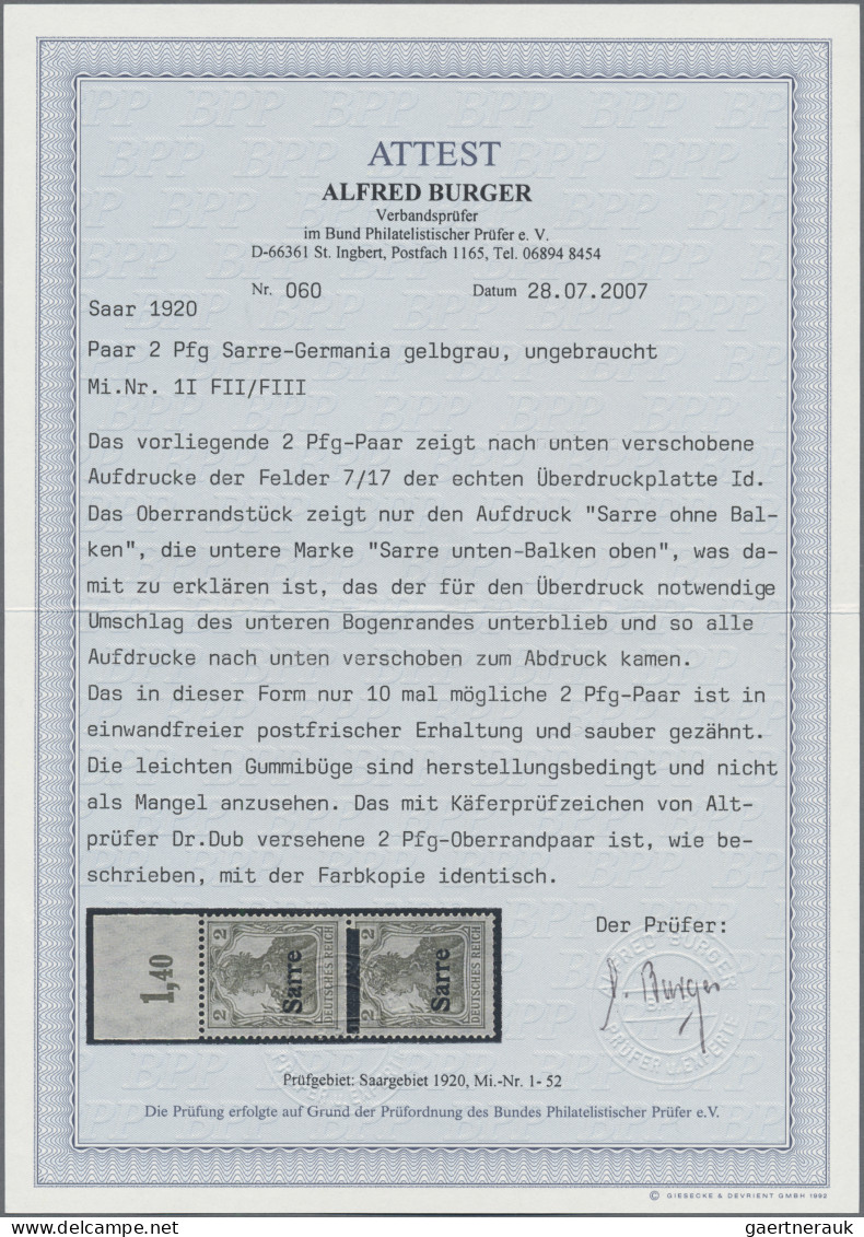 Deutsche Abstimmungsgebiete: Saargebiet: 1920, 2 Pf Sarre-Germania Gelbgrau Im S - Unused Stamps