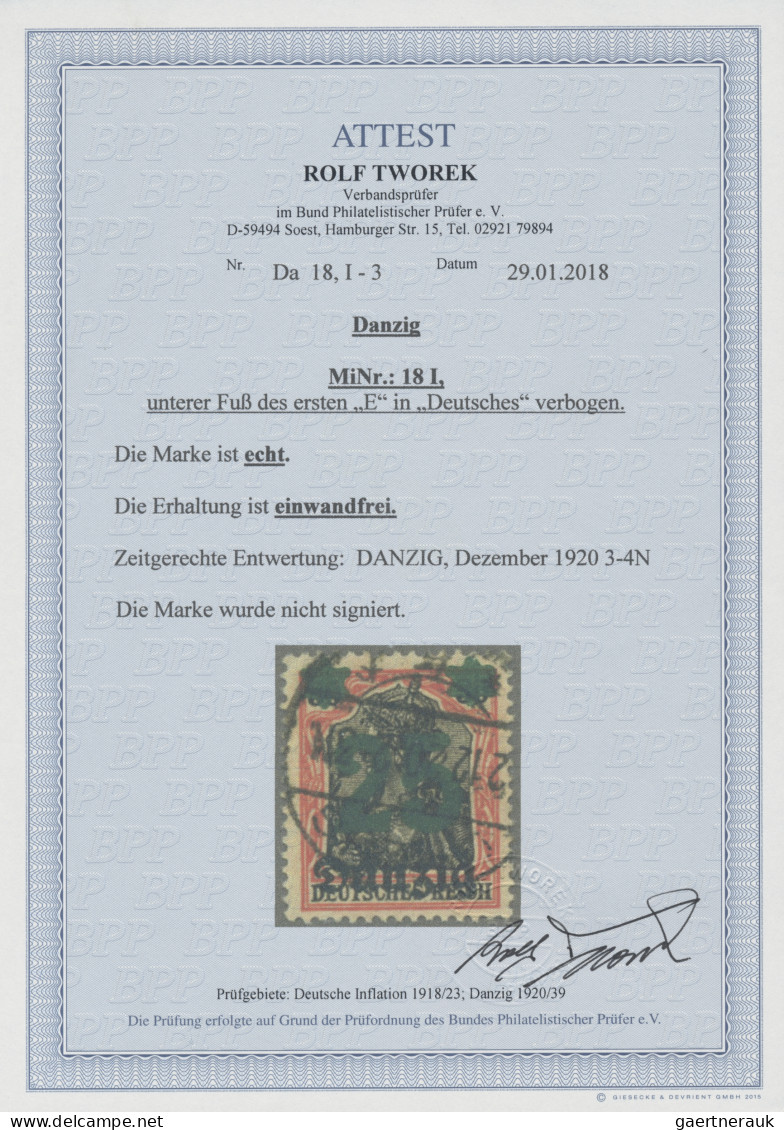 Danzig: 1920, Germania Mit Überdruck, 25 Auf 30 Pfg. Mit Plattenfehler I, Zeitge - Otros & Sin Clasificación