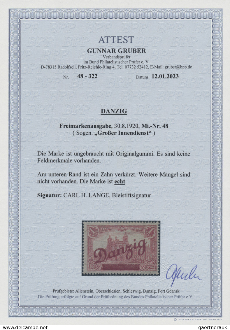 Danzig: 1920, Großer Innendienst, 1 M., Ungebraucht Mit Original-Gummi, Unten Ei - Sonstige & Ohne Zuordnung