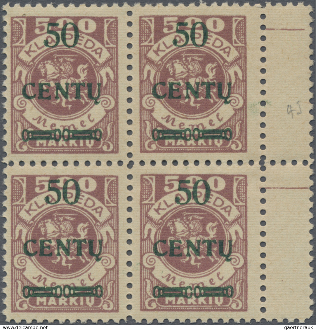 Memel: 1923, 50 C. A. 500 M., Viererblock Mit Rechts Anliegendem Zwischensteg, A - Memelgebiet 1923