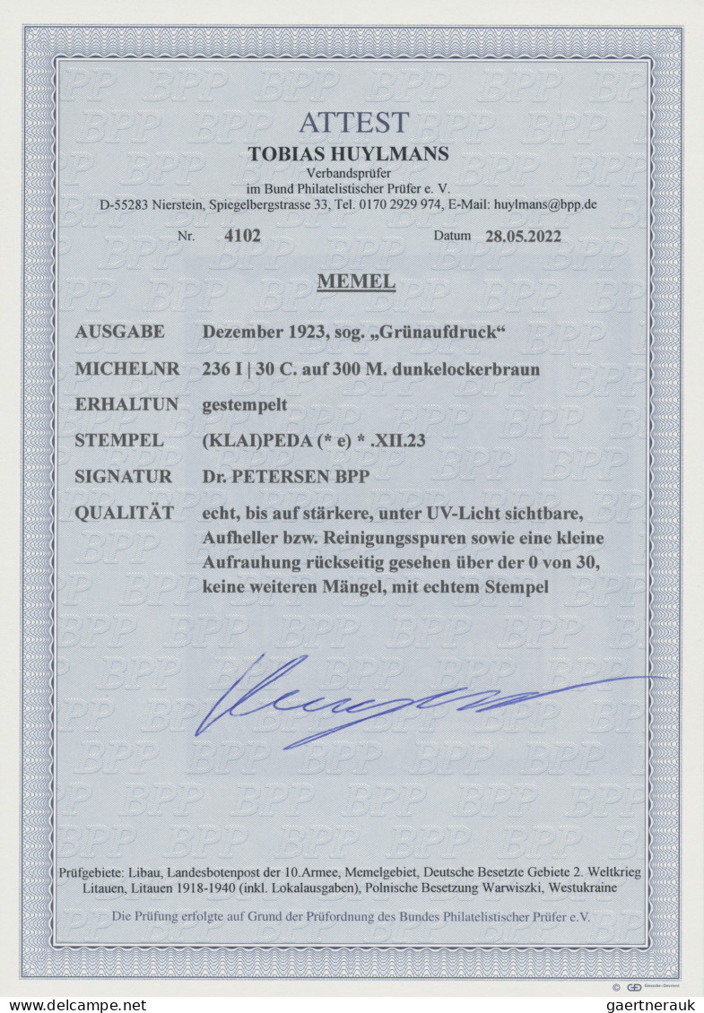 Memel: 1923, 30 C. Grünaufdruck, Aufdrucktype I, Schwarzgrüner Blockzifferaufdru - Memelgebiet 1923