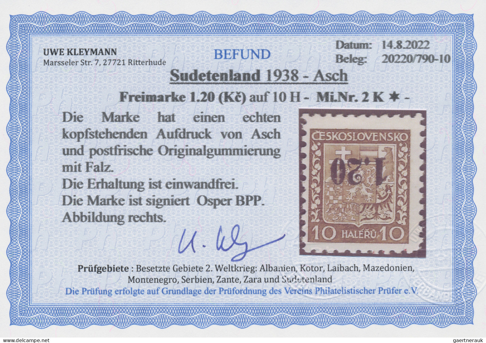 Sudetenland - Asch: 1938, Freimarke 1,20 Kc. Auf 10 H. Staatswappen Mit Kopfsteh - Région Des Sudètes