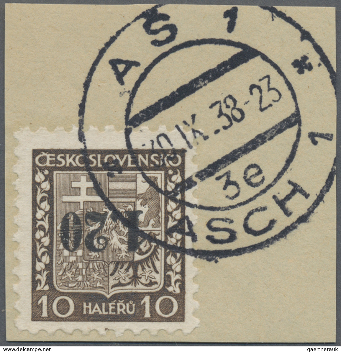 Sudetenland - Asch: 1938, Freimarke 1,20 Kc. Auf 10 H. Staatswappen Mit Kopfsteh - Région Des Sudètes