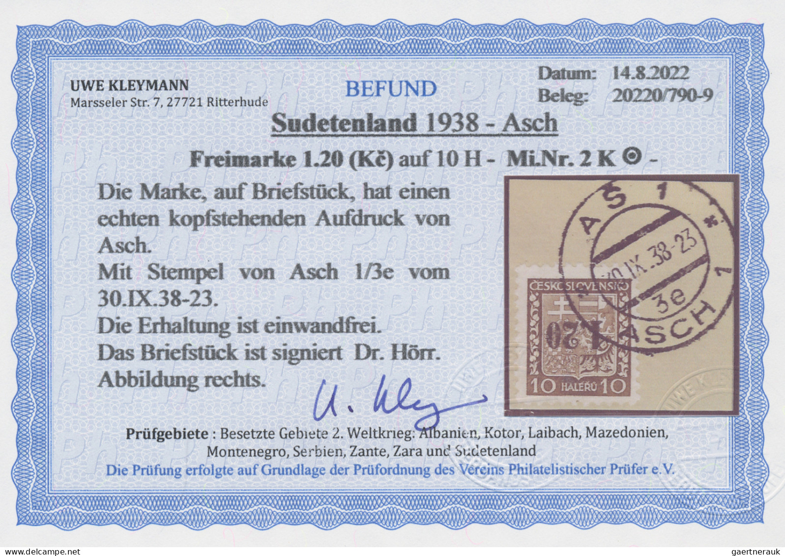 Sudetenland - Asch: 1938, Freimarke 1,20 Kc. Auf 10 H. Staatswappen Mit Kopfsteh - Sudetenland