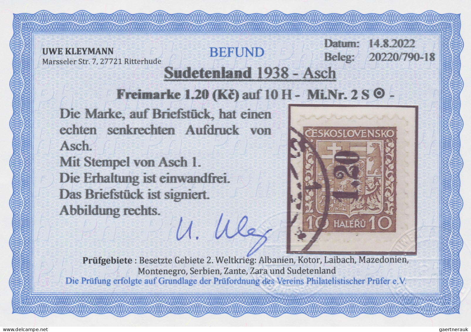 Sudetenland - Asch: 1938, Freimarke Mit Aufdruck 1,20 Auf 10 H. Braun Mit Senkre - Sudetenland