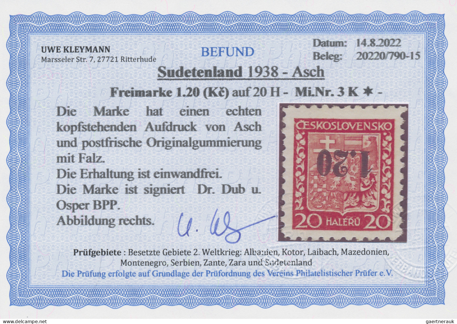 Sudetenland - Asch: 1938, Freimarke 1,20 Auf 20 H Mit Kopfstehendem Aufdruck Und - Sudetenland