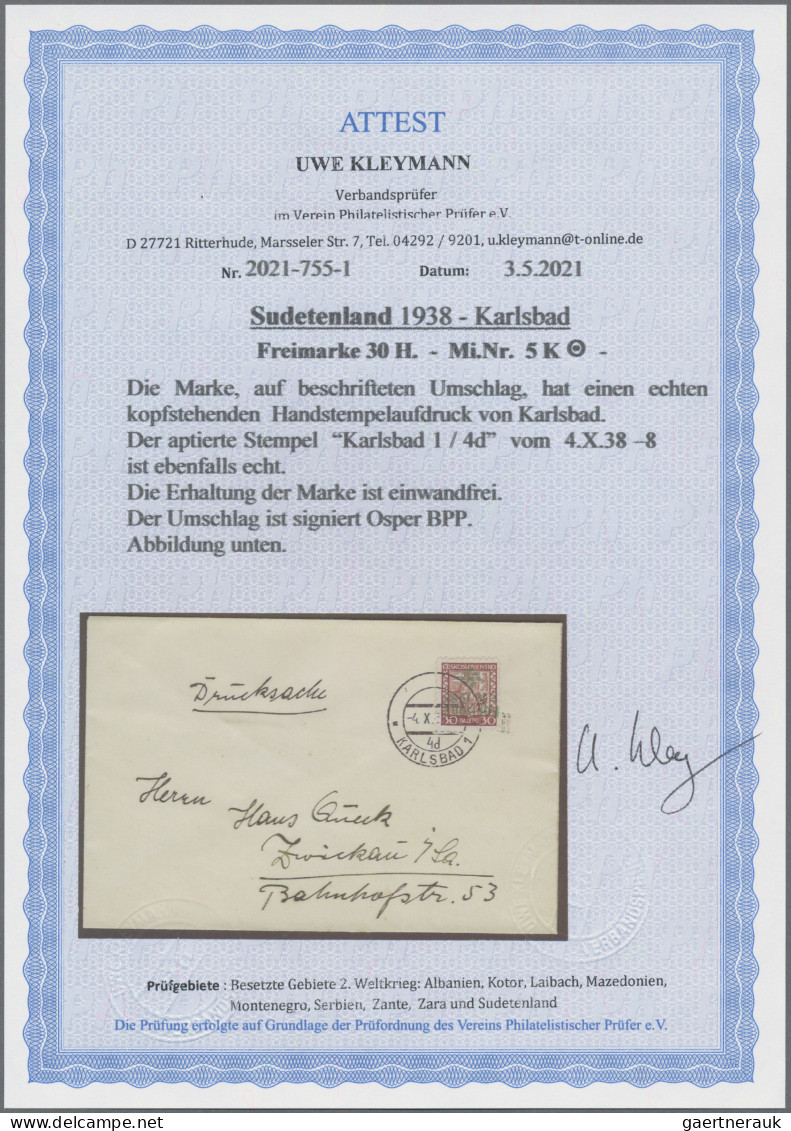 Sudetenland - Karlsbad: 1938, Freimarke 30 H Mit Befreiungsaufdruck Auf Beschrif - Sudetenland