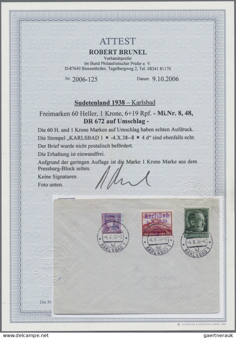 Sudetenland - Karlsbad: 1938, Freimarken 60 H Und 1 Kc Mit Aufdruck Und Zusatzfr - Sudetes