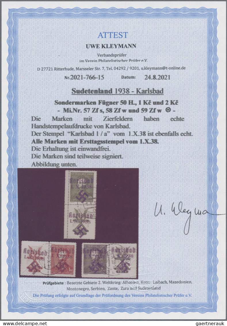 Sudetenland - Karlsbad: 1938, 50 H. Bis 2 Kc. Fügner Komplett Je Mit überdruckte - Région Des Sudètes