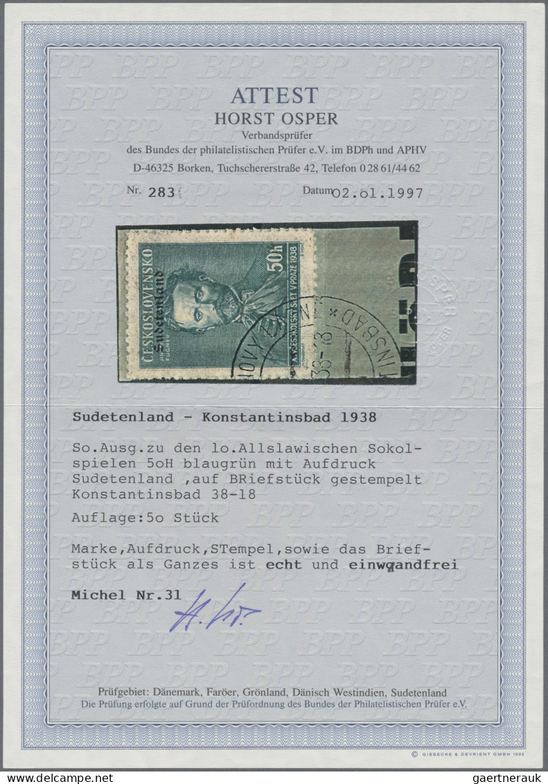 Sudetenland - Konstantinsbad: 1938, 50 Heller Fügner Auf Briefstück, "echt Und E - Région Des Sudètes