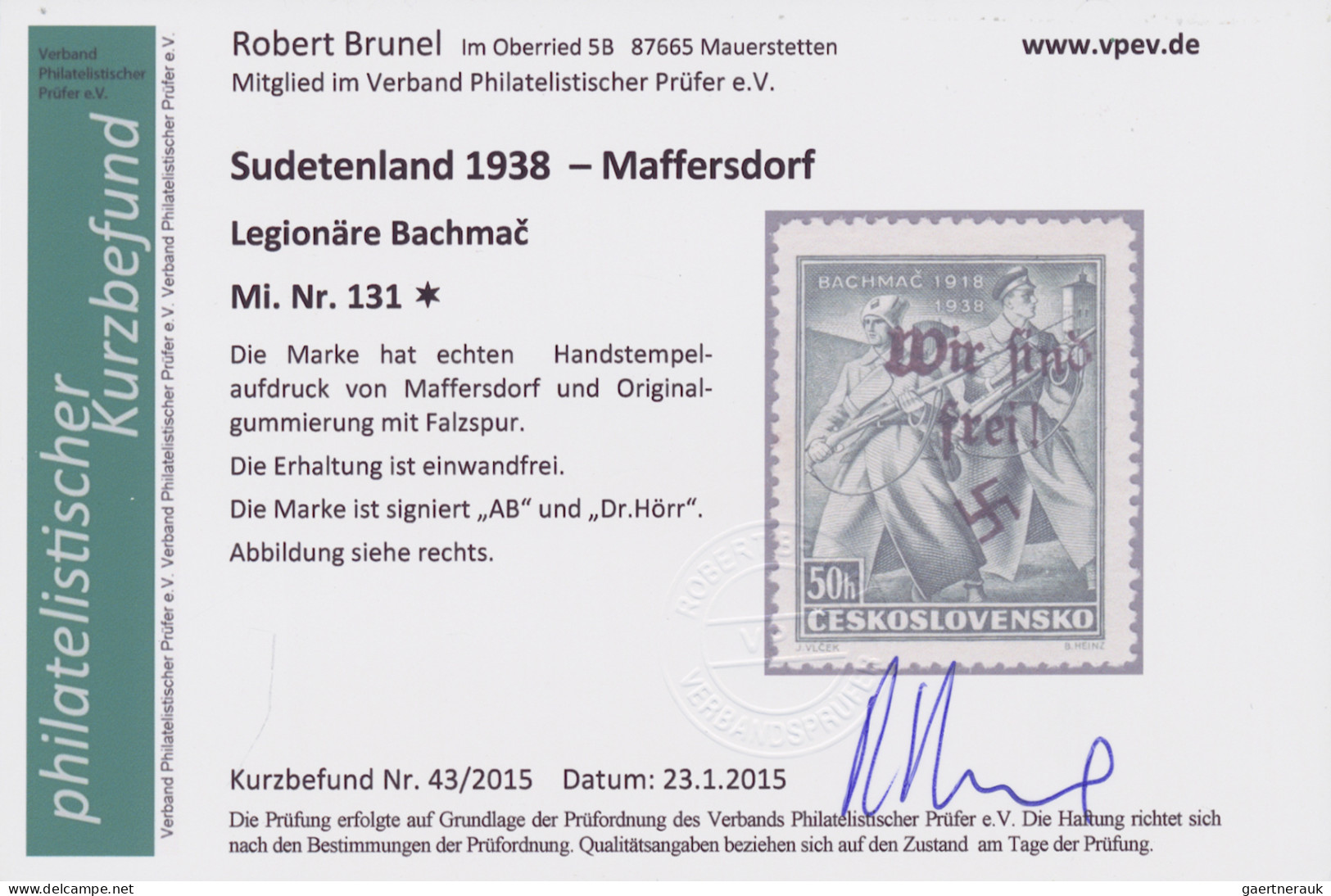 Sudetenland - Maffersdorf: 1938, 50 H. Bachmatsch Mit Echtem Handstempelaufdruck - Région Des Sudètes