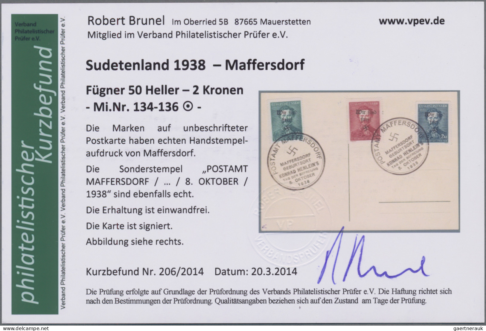 Sudetenland - Maffersdorf: 1938, 50 H. Bis 2 Kc. Fügner Mit Aufdruck "Wir Sind F - Sudetes