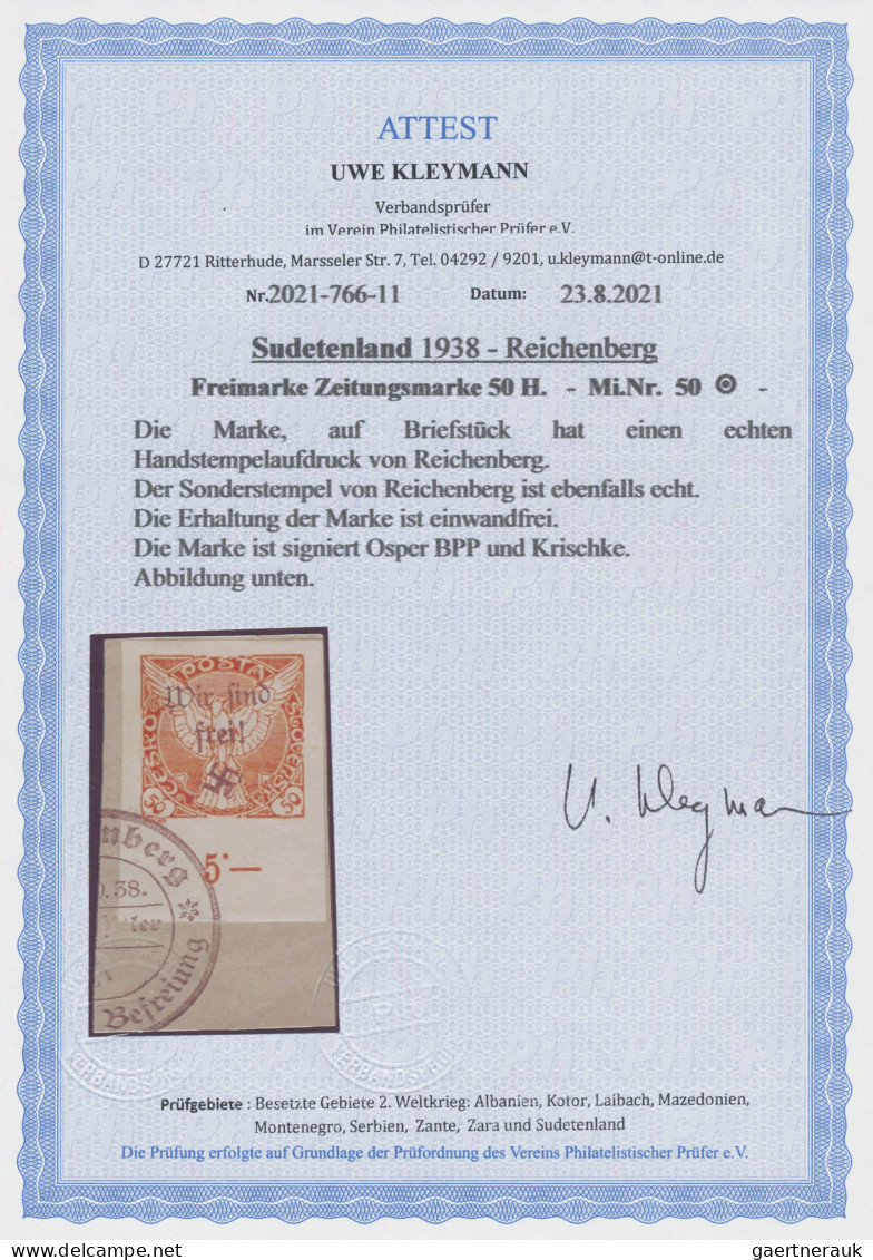 Sudetenland - Reichenberg: 1938, Zeitungsmarke 50 H Orange Vom Unterrand Mit Han - Sudetes