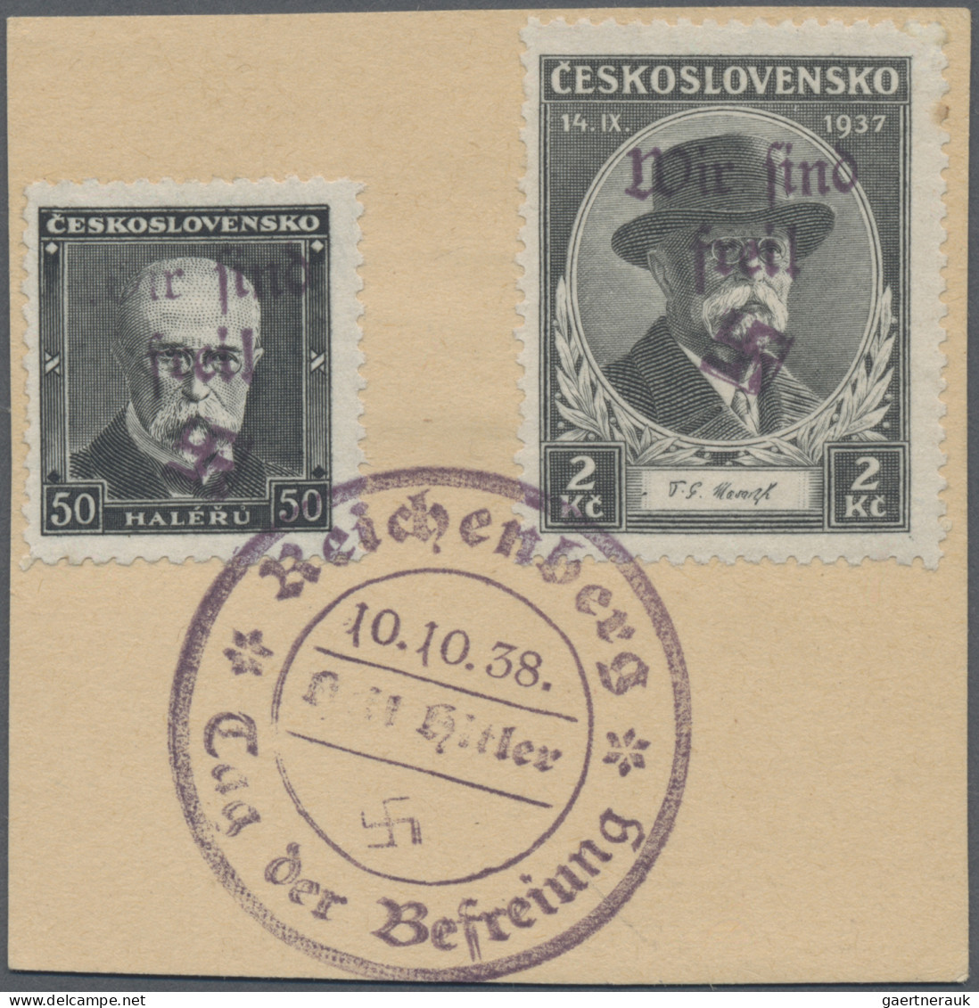Sudetenland - Reichenberg: 1938, 50 H. Und 2 Kc. Tod Von Masaryk Mit Aufdruck Au - Sudetenland