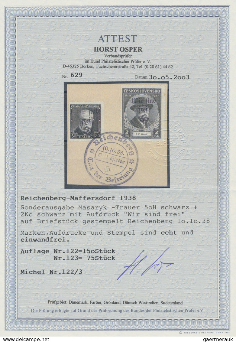 Sudetenland - Reichenberg: 1938, 50 H. Und 2 Kc. Tod Von Masaryk Mit Aufdruck Au - Région Des Sudètes