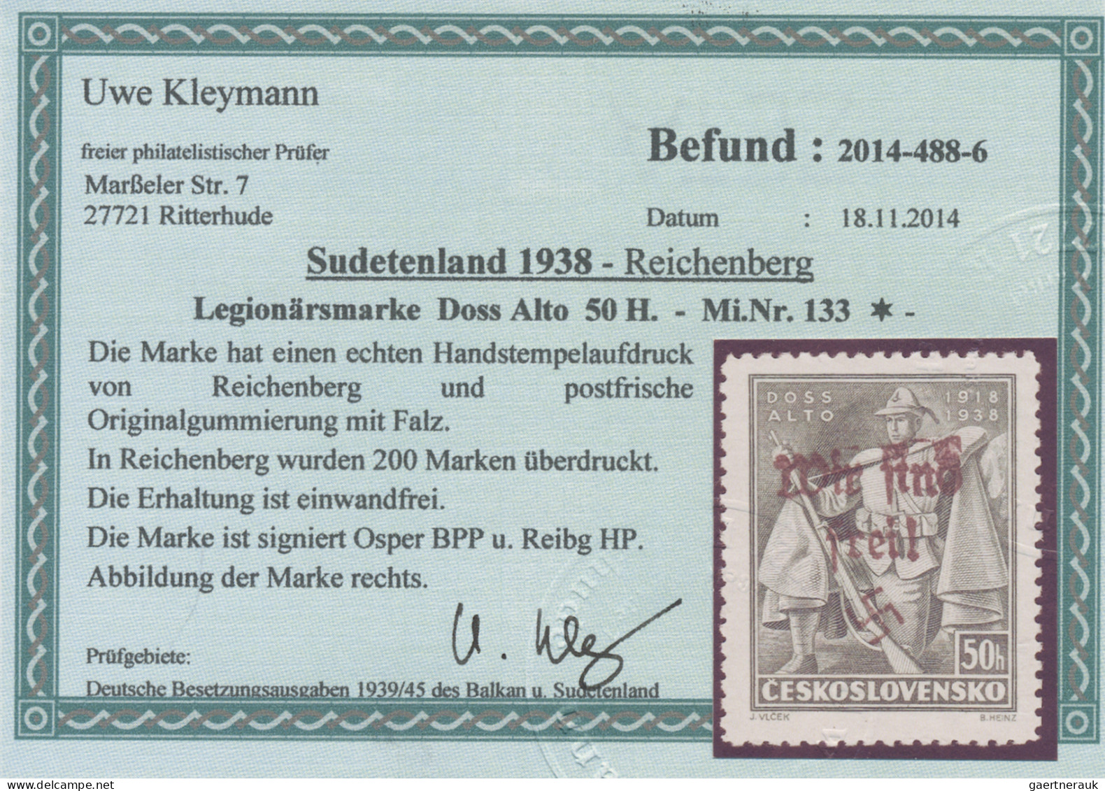 Sudetenland - Reichenberg: 1938, 50 H. Doss Alto Mit Echtem Handstempelaufdruck - Sudetenland