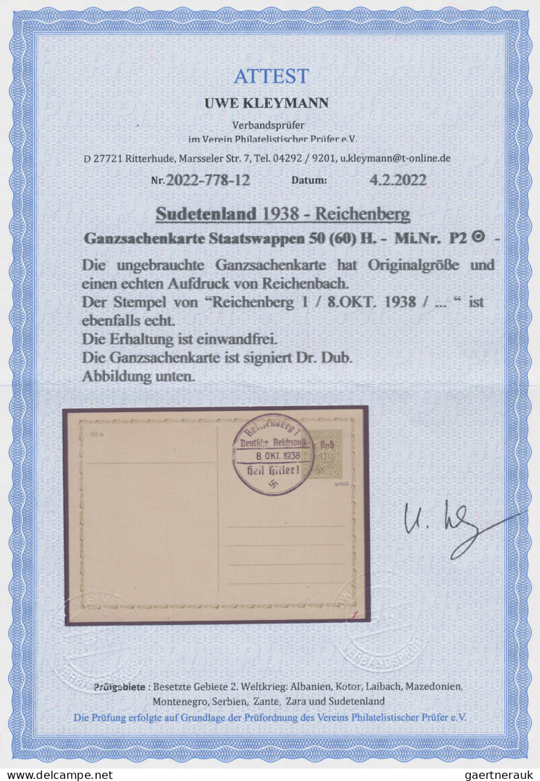 Sudetenland - Reichenberg - Ganzsachen: 1938, Staatswappen 50 (60) H Mit Echtem - Other
