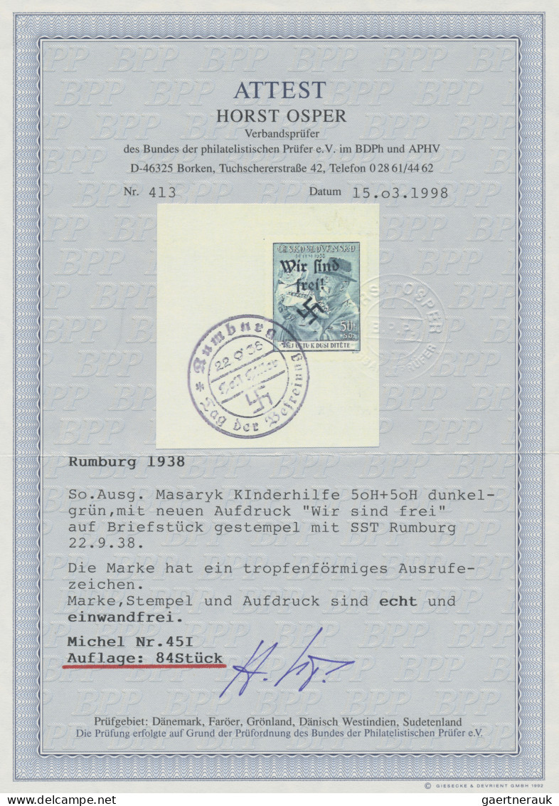Sudetenland - Rumburg: 1938, Sondermarken: 50 H Und 1 Kc Masaryk Mit Kind Und Au - Région Des Sudètes