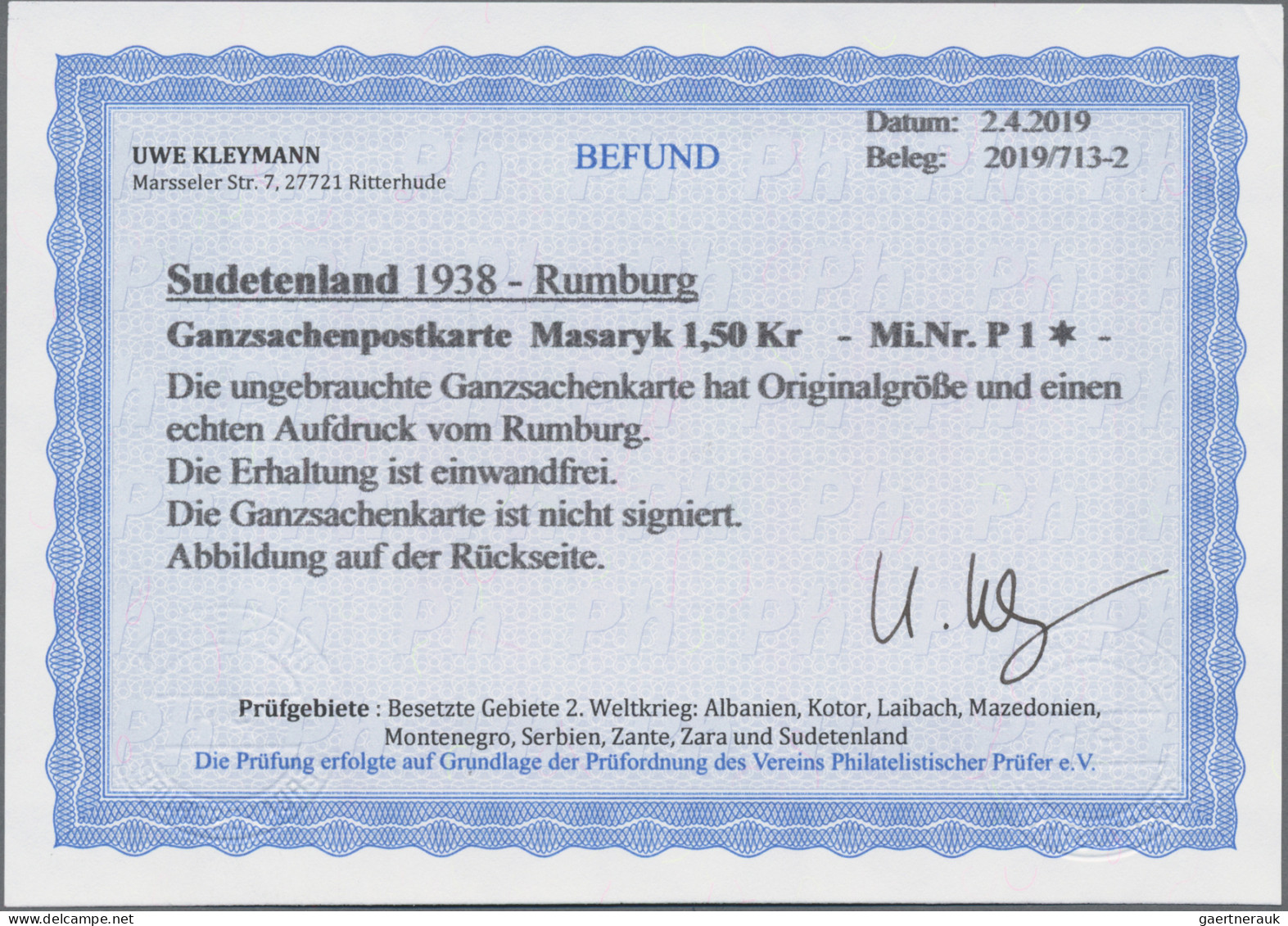 Sudetenland - Rumburg: 1938, Ganzsachenkarte 1,50 Kr Karminrot Masaryk Mit WSt.- - Sudetenland
