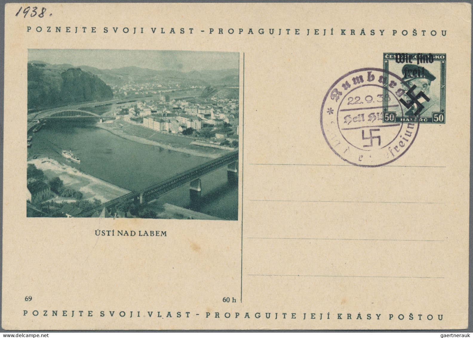 Sudetenland - Rumburg: 1938, Ganzsachenbildpostkarte Usti Nad Labem Mit Wst. Prä - Sudetenland