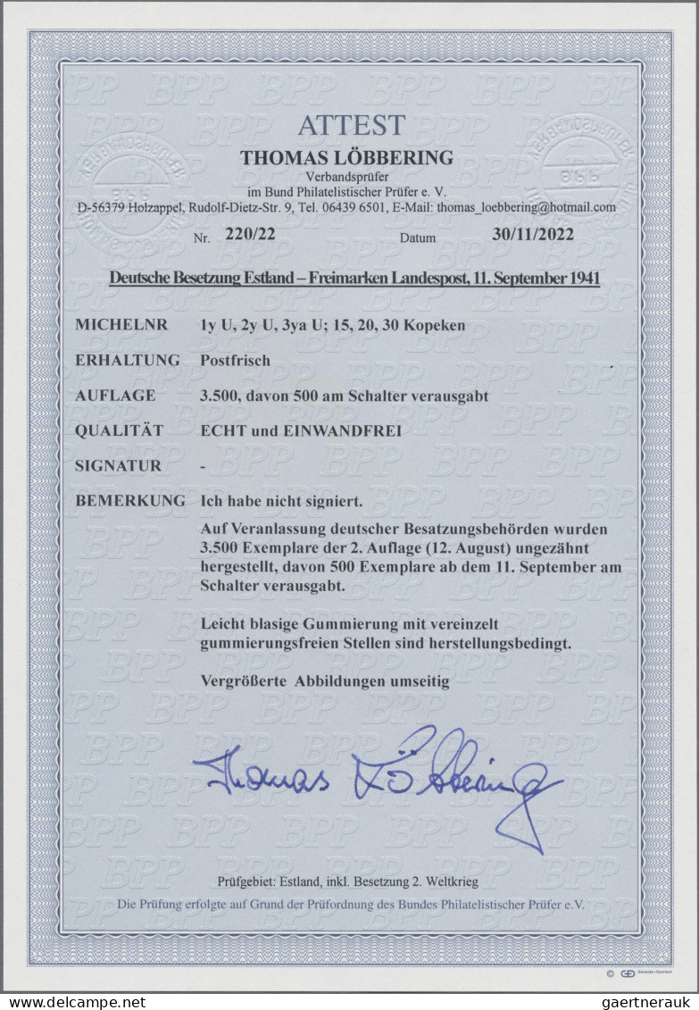 Dt. Besetzung II WK - Estland: 1941, Freimarken Landespost Ungezähnt, Drei Werte - Bezetting 1938-45