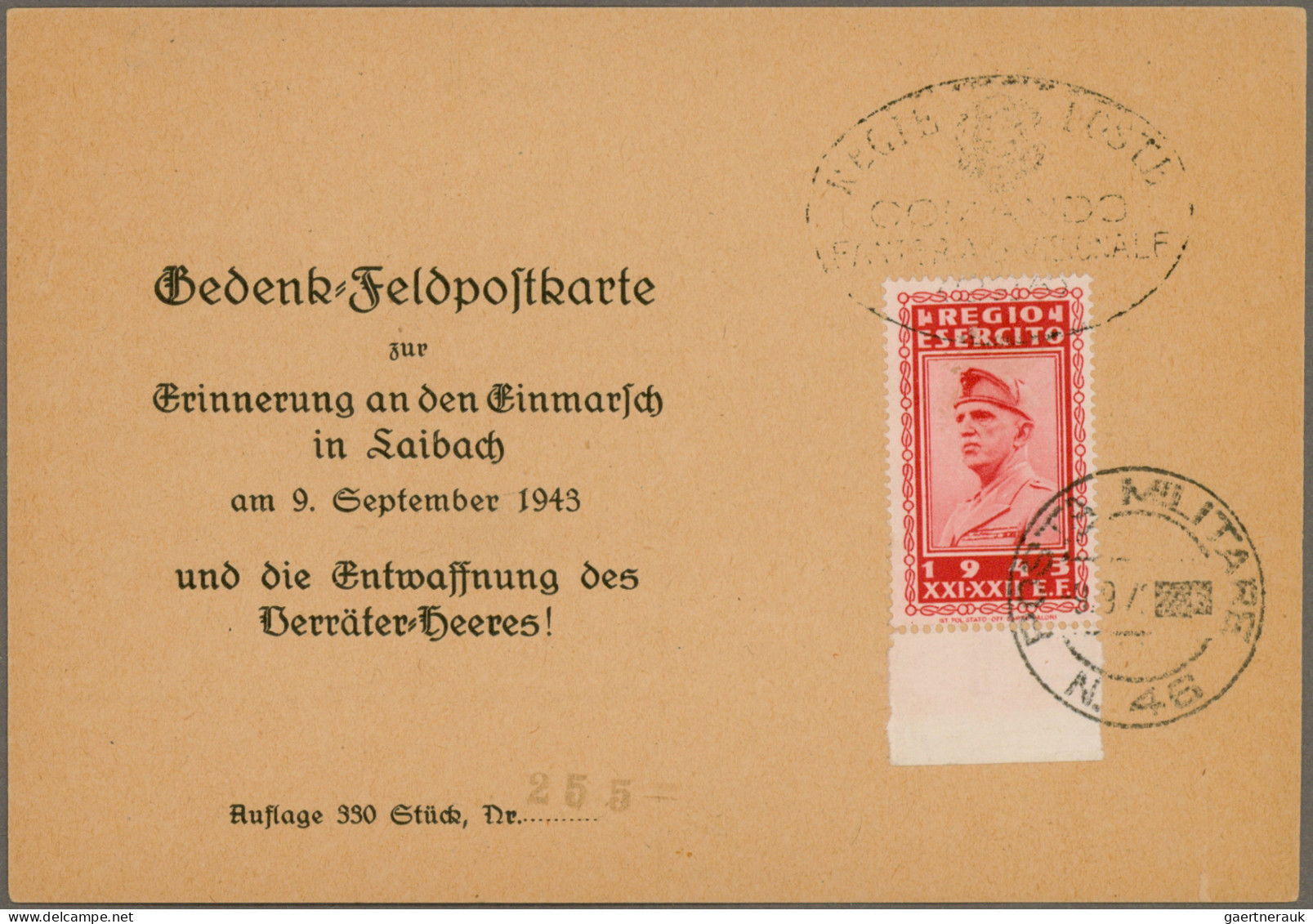 Dt. Besetzung II WK - Laibach: 1943, Vordruckkarte "Gedenk-Feldpostkarte Zur Eri - Ocupación 1938 – 45