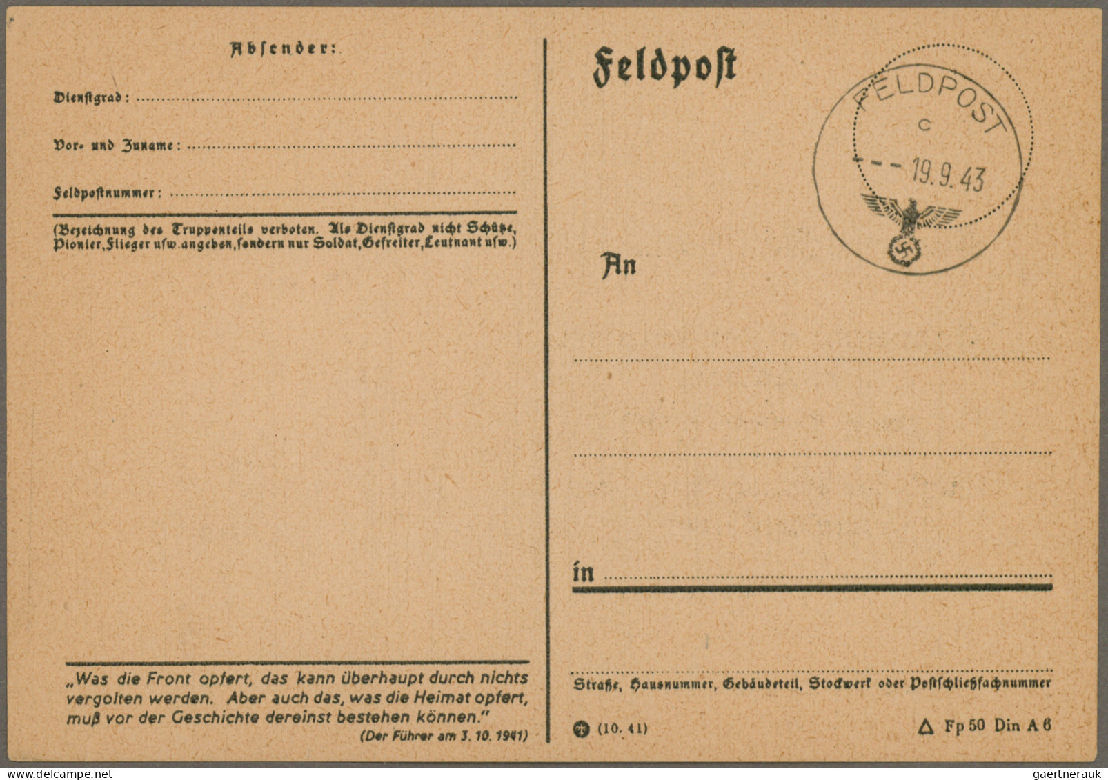 Dt. Besetzung II WK - Laibach: 1943, Vordruckkarte "Gedenk-Feldpostkarte Zur Eri - Ocupación 1938 – 45