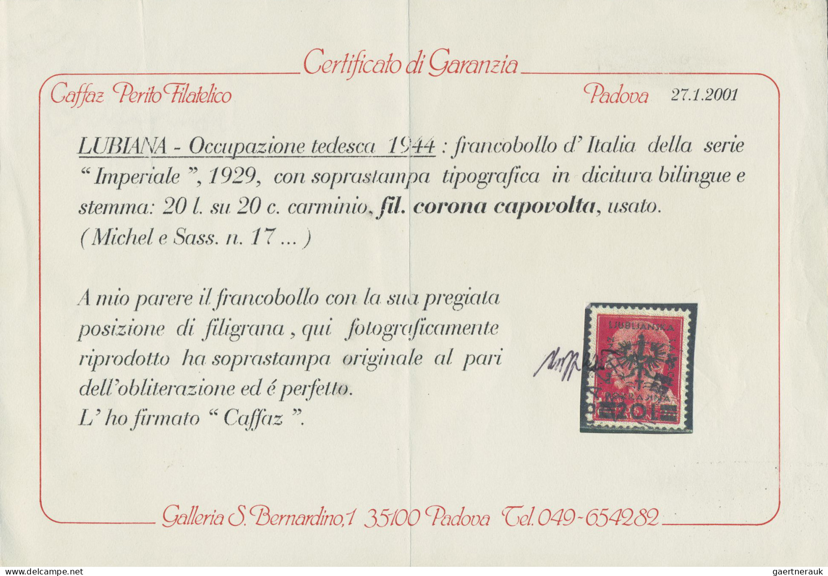 Dt. Besetzung II WK - Laibach: 1944, 20 L Auf 20 C Rot, Aufdruck II Schwarzgrün, - Besetzungen 1938-45
