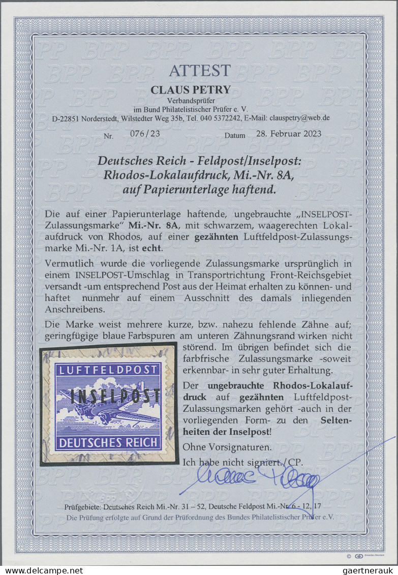 Feldpostmarken: 1944, Insel Rhodos, INSELPOST-Zulassungsmarke Mit Lokalaufdruck - Other & Unclassified