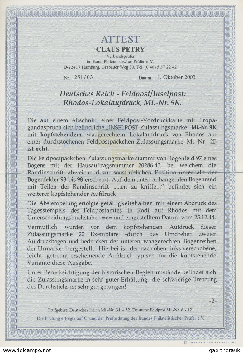 Feldpostmarken: 1944, Insel Rhodos, Inselpost-Zulassungsmarke, Durchstochen, Mit - Sonstige & Ohne Zuordnung